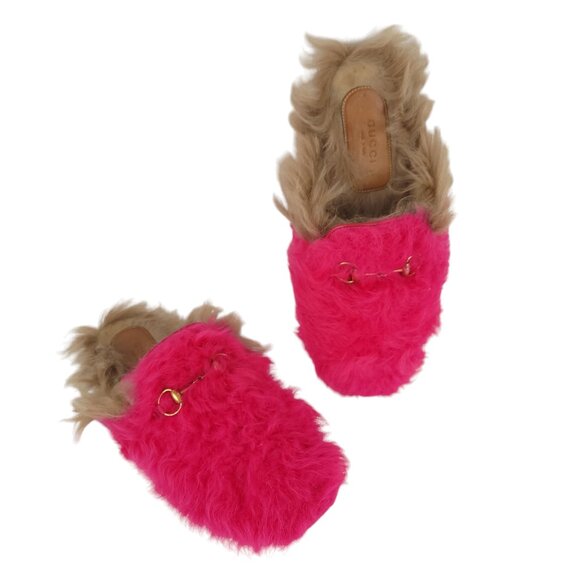 GUCCI Women Princetown Merino Wool Mules Size 37 Raspberry Pink Horsebit Slipper - Picture 1 of 15